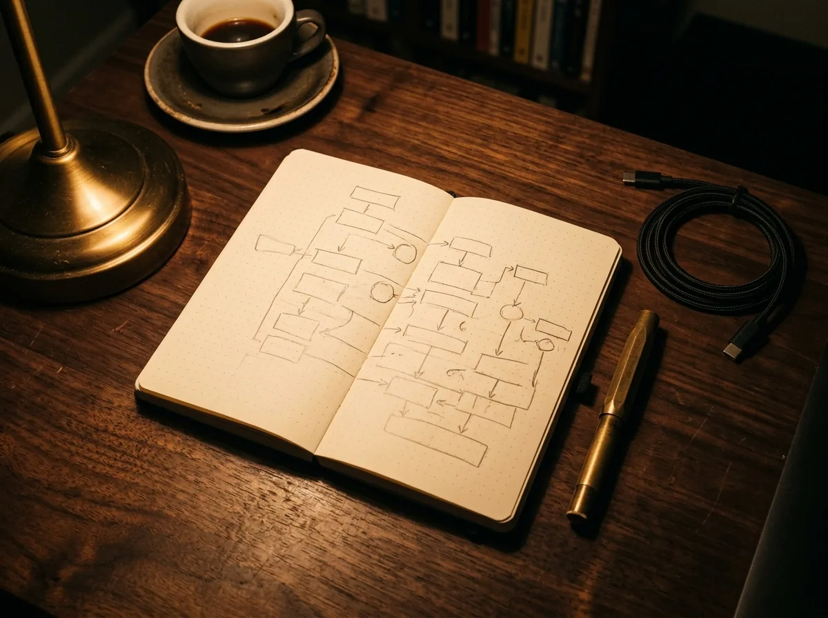 Overhead view of a dot-grid notebook with a hand-sketched flowchart, brass pen and espresso cup under warm lamp light