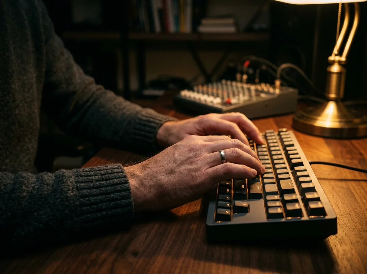 Hands typing on an amber-backlit mechanical keyboard in a dark room
